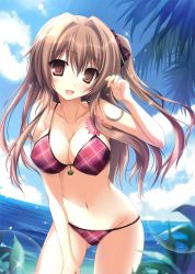 Rule 34 | 1girl, :d, absurdres, aomi maika, beach, bikini, blue sky, breasts, brown eyes, brown hair, cleavage, cloud, collarbone, day, hair intakes, hair ribbon, highres, horizon, karory, large breasts, leaning forward, lens flare, long hair, looking at viewer, navel, one side up, open mouth, original, outdoors, plaid, plaid bikini, purple bikini, ribbon, side ponytail, sky, smile, solo, strap gap, string bikini, swimsuit