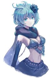 Rule 34 | 1girl, 3ch , antenna hair, blue bra, blue eyes, blue flower, blue gloves, blue hair, blue scarf, bra, commentary, drag-on dragoon, drag-on dragoon 3, elbow gloves, flower, gloves, hair flower, hair ornament, highres, lace trim, lingerie, messy hair, midriff, miichinori, parted lips, scarf, short hair, simple background, solo, stomach, two (drag-on dragoon), underwear, white background