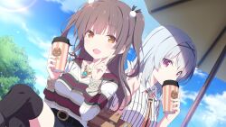 Rule 34 | 2girls, belt, breasts, brown eyes, brown hair, chair, cloud, cloudy sky, crossed legs, cup, drinking, hair ornament, hands up, headband, highres, holding, holding cup, holding sign, idoly pride, jewelry, large breasts, long hair, long sleeves, looking at viewer, medium breasts, multiple girls, necklace, necktie, official art, open mouth, red eyes, sidelocks, sign, skirt, sky, sunlight, suzumura yuu, tendou rui, thighhighs, thighs, tree, twintails, umbrella, white hair