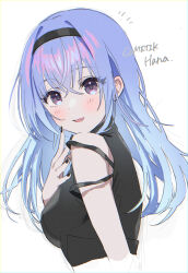 Rule 34 | 1girl, absurdres, black hairband, black nails, black shirt, blue hair, blush, breasts, character name, commentary request, cropped torso, hairband, hand on own chest, highres, idolmaster, idolmaster shiny colors, long hair, looking at viewer, medium breasts, momomoi momoi, notice lines, parted lips, purple eyes, shirt, simple background, sleeveless, sleeveless shirt, smile, solo, suzuki hana, upper body, white background