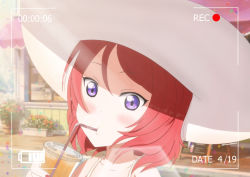 Rule 34 | 1girl, artist name, artist request, blush, camera, collarbone, cup, drinking glass, female focus, hair between eyes, holding, holding drinking glass, looking at viewer, love live!, love live! school idol project, nail, nail polish, nishikino maki, outdoors, parted lips, purple eyes, recording, red hair, red nails, short hair, smile, solo, taking picture, white headwear