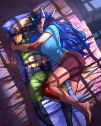 Rule 34 | 1girl, bare arms, bare legs, barefoot, blue hair, blue shirt, cacodemon, commentary, cyclops, dakimakura (object), doom (series), doomguy, drooling, grin, highres, horns, long hair, lying, monster girl, mouth drool, multiple horns, hugging object, on side, one-eyed, pillow, pillow hug, pointy ears, shirt, short sleeves, shorts, sleeping, smile, solo, substance20
