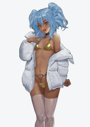 Rule 34 | 1girl, arm at side, bad id, bad pixiv id, bikini, black nails, blue eyes, blue hair, breasts, clenched hand, collar, collarbone, dark-skinned female, dark skin, feet out of frame, gold bikini, grey thighhighs, hand up, highres, jacket, looking at viewer, medium hair, nail polish, navel, off shoulder, open clothes, original, pubic tattoo, skindentation, small breasts, smile, solo, swimsuit, tattoo, teeth, thighhighs, tongue, tongue out, twintails, upper teeth only, white jacket, white thighhighs, winter clothes, woshikun01
