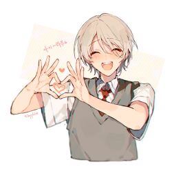 Rule 34 | 1boy, blush, character request, closed eyes, collared shirt, ensemble stars!, facing viewer, grey sweater vest, hands up, happy, heart, heart hands, necktie, open mouth, red necktie, sapphire (nine), shirt, short sleeves, simple background, smile, solo, sweater vest, white background, white shirt