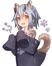 Rule 34 | 1girl, animal ears, blue eyes, blue hair, commentary request, dog ears, dog girl, dog tail, fang, heterochromia, horns, io (pso2), long sleeves, looking at viewer, paw pose, paw print, phantasy star, phantasy star online 2, rk (rktorinegi), short hair, sleeves past wrists, smile, solo, tail