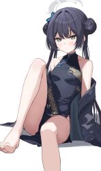 Rule 34 | 1girl, absurdres, bare shoulders, barefoot, black hair, black jacket, blue archive, blush, breasts, butterfly hair ornament, closed mouth, collarbone, commentary, double bun, dragon print, dress, english commentary, grey eyes, grey halo, hair bun, hair ornament, halo, highres, jacket, kisaki (blue archive), legs, long hair, looking at viewer, pelvic curtain, print dress, rahy, simple background, sitting, sleeveless, sleeveless dress, small breasts, solo, striped clothes, striped jacket, thighs, toes, twintails, vertical-striped clothes, vertical-striped jacket, white background