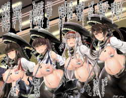 Rule 34 | 4girls, abyssal ship, akagi (kancolle), alternate breast size, angry, armpit peek, arms behind back, barcode, barcode tattoo, black hair, blush, branded, breast tattoo, breasts, breath, brown eyes, brown hair, chain, clenched teeth, closed mouth, collar, corruption, crying, crying with eyes open, empty eyes, hair between eyes, hair ribbon, headband, holding, huge breasts, japanese clothes, kaga (kancolle), kantai collection, kimono, large breasts, lineup, long hair, looking down, medium breasts, multiple girls, name tag, navel, nipple piercing, nipple tag, nipples, open mouth, parted bangs, perky breasts, piercing, pregnant, puffy nipples, red headband, restrained, ribbon, saizu nitou gunsou, shade, shiny skin, short sleeves, shoukaku (kancolle), side ponytail, sidelocks, silver hair, slave, sound effects, stationary restraints, stomach, straight hair, tasuki, tattoo, tears, teeth, text focus, torn clothes, torn kimono, translation request, twintails, twitter username, upper teeth only, v-shaped eyebrows, v-shaped eyes, very long hair, white ribbon, zuikaku (kancolle)