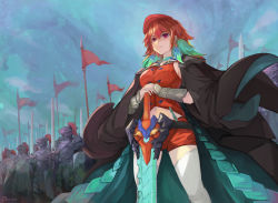 Rule 34 | 1girl, 6+others, adapted costume, aqua choker, armor, black coat, breastplate, byleth (female) (fire emblem), byleth (fire emblem), choker, closed mouth, coat, coat on shoulders, earrings, feather earrings, feathers, fire emblem, flag, full armor, gauntlets, green hair, hair between eyes, hands on hilt, hat, helm, helmet, highres, holding, holding sword, holding weapon, hololive, hololive english, jewelry, long hair, multicolored hair, multiple others, nintendo, open hand, orange hair, outdoors, pauldrons, purple eyes, red headwear, shield, shoulder armor, signature, standing, sword, takanashi kiara, thighhighs, tunnarata, vambraces, virtual youtuber, weapon, white thighhighs