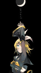 Rule 34 | 1girl, absurdres, arm up, black background, black sailor collar, black sleeves, blonde hair, blue eyes, bow, chinese commentary, commentary request, crescent moon, crop top, detached sleeves, hair bow, hair ornament, hairclip, headset, highres, kagamine rin, long sleeves, looking up, mechari, microphone, moon, neckerchief, outstretched arm, parted bangs, sailor collar, shirt, simple background, sleeveless, sleeveless shirt, solo, translation request, upper body, vocaloid, white bow, white shirt, yellow neckerchief