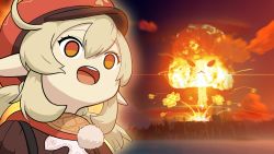 Rule 34 | 1girl, ahoge, blonde hair, cabbie hat, empty eyes, explosion, genshin impact, greenlegacy, hat, highres, klee (genshin impact), open mouth, pointy ears, red eyes, smile, solo