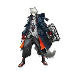 Rule 34 | 1boy, animal ears, aosta (arknights), arknights, blue coat, coat, full body, gloves, grey eyes, grey pants, gun, holding, holding gun, holding weapon, infukun, looking at viewer, male focus, nail gun, official art, open clothes, open coat, pants, red gloves, shirt, shoes, short hair, silver hair, standing, t-shirt, tail, transparent background, weapon, white shirt, wolf ears, wolf tail