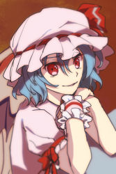 Rule 34 | 1girl, bat wings, blue hair, bow, brown background, collar, dress, hair between eyes, hands up, hat, hat ribbon, highres, light, looking at viewer, mob cap, nayozane (worker7), open mouth, pink collar, pink dress, pink hat, pink sleeves, puffy short sleeves, puffy sleeves, red bow, red eyes, red ribbon, remilia scarlet, ribbon, shadow, short hair, short sleeves, simple background, sitting, smile, solo, table, touhou, wings, wrist cuffs