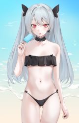 Rule 34 | 1girl, arm at side, bare shoulders, beach, bikini, black bikini, blush, choker, commentary request, cowboy shot, food, gluteal fold, grey hair, hand up, highres, holding, long hair, looking at viewer, navel, ocean, ompf, original, popsicle, scar, self-harm, solo, stomach, strapless, strapless bikini, swimsuit, tongue, tongue out, twintails, water