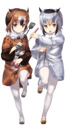 Rule 34 | 2girls, bird tail, bird wings, black hair, blonde hair, brown eyes, brown hair, buttons, chopsticks, coat, commentary request, eurasian eagle owl (kemono friends), full body, fur collar, grey hair, head wings, highres, kemono friends, ladle, long sleeves, multicolored hair, multiple girls, mushroom, northern white-faced owl (kemono friends), open mouth, pantyhose, short hair, spatula, standing, standing on one leg, tadano magu, white hair, wings, yellow eyes