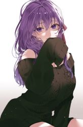 Rule 34 | 1girl, breasts, fate/stay night, fate (series), gradient background, green sweater, hair between eyes, hair ribbon, hand up, highres, large breasts, long hair, long sleeves, looking at viewer, matou sakura, off shoulder, purple eyes, purple hair, red ribbon, ribbon, shimatori (sanyyyy), simple background, sitting, sleeves past fingers, sleeves past wrists, smile, solo, sweater