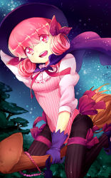 Rule 34 | 1girl, black pantyhose, blunt bangs, broom, cape, capelet, crescent conundrum, frills, gloves, hair ribbon, hair rings, hat, leotard, open mouth, pantyhose, pink eyes, pink hair, ribbon, solo, striped clothes, striped pantyhose, sword girls, top hat, tree, witch, witch hat