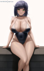 Rule 34 | abp art, ass, bare shoulders, blue hair, braid, breasts, bursting breasts, choker, cleavage, covered erect nipples, genshin impact, green eyes, highleg, highleg leotard, highres, large breasts, leotard, looking at viewer, navel, sitting, skindentation, smile, swimsuit, thick thighs, thighs, yelan (genshin impact)