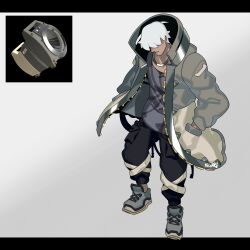 Rule 34 | 1boy, black pants, coat, dark-skinned male, dark skin, full body, grey background, grey shirt, hair over eyes, hands in pockets, highres, jewelry, letterboxed, male focus, neck ring, nintendo, open clothes, open coat, pants, personification, reference inset, shirt, shoes, sido (slipknot), simple background, sloshing machine (splatoon), sneakers, solo, splatoon (series), standing, white hair