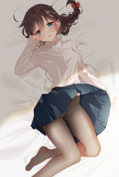 Rule 34 | 1girl, ahoge, bed sheet, blue eyes, blush, bow, braid, breasts, brown hair, buttons, fingernails, hair flaps, hair ornament, highres, kantai collection, long hair, long sleeves, looking at viewer, lying, naoto (tulip), on back, open mouth, panties, panties under pantyhose, pantyhose, red bow, shigure (kancolle), shigure kai ni (kancolle), shirt, simple background, single braid, skirt, sleeves past wrists, solo, underwear, white shirt