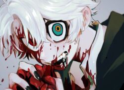 Rule 34 | 1boy, black liquid, black nails, blood, blood in hair, blood on clothes, blood on face, blue eyes, collared shirt, crazy eyes, fangs, grey background, hair between eyes, hands up, heart, heart (organ), heterochromia, holding, holding heart, looking at viewer, male focus, minai mosa, multicolored eyes, open mouth, original, red eyes, ringed eyes, shirt, short hair, simple background, solo, upper body, very short hair, white hair, yellow eyes