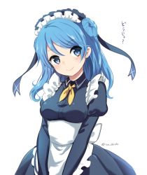 Rule 34 | 10s, 1girl, alternate costume, apron, artist name, blue dress, blue eyes, blue hair, collar, collared dress, cowboy shot, double bun, dress, enmaided, frills, hair between eyes, hair bun, head tilt, ica, juliet sleeves, kantai collection, long hair, long sleeves, looking at viewer, maid, maid apron, maid headdress, neckerchief, puffy long sleeves, puffy sleeves, ribbon, simple background, smile, solo, tareme, translated, twitter username, underbust, urakaze (kancolle), v arms, very long hair, waist apron, white background, yellow neckerchief