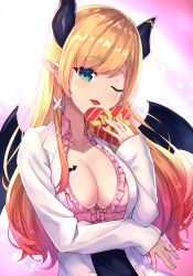 Rule 34 | 1girl, absurdres, black skirt, black wings, blonde hair, blue eyes, blush, box, breasts, brown hair, center frills, cleavage, commentary request, demon girl, demon horns, demon wings, frills, gift, gift box, gradient hair, hair ribbon, heart-shaped box, highres, holding, holding gift, hololive, horns, lab coat, long hair, long sleeves, masaki (msk064), medium breasts, multicolored hair, one eye closed, open clothes, open mouth, open shirt, pink shirt, pointy ears, ribbon, shirt, skirt, sleeves past wrists, smile, solo, very long hair, virtual youtuber, white ribbon, wings, yuzuki choco, yuzuki choco (1st costume)