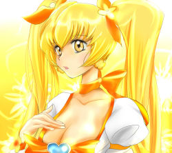 Rule 34 | 10s, 1girl, bad id, bad pixiv id, blonde hair, bow, breasts, brooch, cleavage, cure sunshine, eyelashes, hair ribbon, heart, heart brooch, heartcatch precure!, long hair, magical girl, myoudouin itsuki, orange bow, precure, rav (ravetx), ravetx, ribbon, skirt, solo, twintails, very long hair, yellow background, yellow eyes, yellow theme