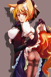 Rule 34 | 1girl, alternate costume, animal ears, ass, black panties, breasts, brown pantyhose, clothes lift, crotch seam, dearmybrothers, dress, dress lift, female focus, flat ass, fox ears, fox tail, gloves, hat, highres, large breasts, orange eyes, panties, panties under pantyhose, pantyhose, short hair, simple background, solo, tail, thighband pantyhose, touhou, underwear, yakumo ran