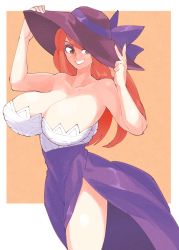 Rule 34 | 1girl, bare shoulders, breasts, brown background, brown eyes, cleavage, collarbone, commentary, dragon&#039;s crown, dress, grin, hat, highres, huge breasts, inkerton-kun, long hair, purple dress, red hair, smile, solo, sorceress (dragon&#039;s crown), sun hat, thighs