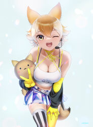 Rule 34 | 1girl, animal ears, bare shoulders, beleven, black jacket, black thighhighs, breasts, cleavage, cowboy shot, coyopotato, coyote (kemono friends), crop top, elbow gloves, gloves, hair between eyes, highres, jacket, kemono friends, kemono friends v project, light brown hair, looking at viewer, medium breasts, microphone, midriff, multicolored hair, navel, one eye closed, open mouth, pleated skirt, shiny skirt, shirt, short hair, sidelocks, skirt, smile, solo, spaghetti strap, striped clothes, striped thighhighs, tail, thighhighs, two-tone hair, two-tone thighhighs, vertical-striped clothes, vertical-striped thighhighs, virtual youtuber, white hair, white shirt, white thighhighs, wolf ears, wolf girl, wolf tail, yellow eyes, yellow gloves, yellow thighhighs