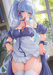 Rule 34 | 1girl, alternate costume, apron, ayaka (genshin impact), blue choker, blue dress, blue eyes, blue hair, blue wrist cuffs, blunt tresses, breasts, catsmoon, choker, cleavage, closed mouth, clothes lift, collarbone, detached sleeves, dress, dress lift, flower knot, frilled apron, frilled dress, frilled hairband, frilled sleeves, frills, garter straps, genshin impact, hair ribbon, hairband, highres, indoors, lace, lace panties, lifting own clothes, light blue hair, long hair, looking at viewer, maid, maid apron, maid headdress, medium breasts, mouth hold, paid reward available, panties, plant, ponytail, potted plant, puffy short sleeves, puffy sleeves, ribbon, ribbon in mouth, short sleeves, side-tie panties, sidelocks, signature, skindentation, sleeveless, sleeveless dress, smile, solo, thighhighs, thighs, tress ribbon, underwear, very long hair, white apron, white garter straps, white hairband, white panties, white thighhighs, wide hips, window, wrist cuffs