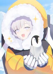 Rule 34 | 1girl, absurdres, animal, bird, blue archive, chromatic aberration, day, fur-trimmed hood, fur-trimmed jacket, fur trim, gloves, grey hair, highres, himari (blue archive), holding, holding animal, hood, hood up, hooded jacket, jacket, long sleeves, matyata, mole, mole under eye, open mouth, outdoors, penguin, purple eyes, smile, solo, upper body, white gloves, yellow jacket