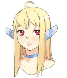 Rule 34 | 1girl, ahoge, blonde hair, blue choker, choker, commentary, english commentary, long hair, looking at viewer, original, parted lips, portrait, red eyes, robot ears, simple background, solo, square pupils, vins-mousseux, white background