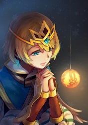 Rule 34 | 1girl, blonde hair, blue eyes, christmas ornaments, dress, earrings, fire emblem, fire emblem heroes, fjorm (fire emblem), gauntlets, hair between eyes, own hands clasped, interlocked fingers, jewelry, kurieto (gtchuang), lips, nintendo, own hands together, portrait, short hair, signature, snowflake background, snowflakes, solo, tiara