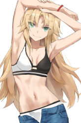 Rule 34 | 1girl, armpits, arms up, blonde hair, bra, breasts, denim, fate/apocrypha, fate (series), green eyes, highres, jeans, long hair, looking at viewer, mordred (fate), mordred (fate/apocrypha), navel, pants, parted bangs, sidelocks, small breasts, smile, solo, tonee, underwear