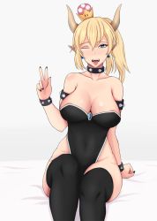Rule 34 | 1girl, areola slip, arm support, armlet, bare shoulders, bed, black collar, black leotard, black nails, black thighhighs, blonde hair, blue eyes, bowsette, bracelet, breasts, cleavage, collar, covered navel, crown, earrings, fangs, hair between eyes, highleg, highleg leotard, highres, horns, jewelry, kyohaii, large breasts, leotard, long hair, looking at viewer, mario (series), mini crown, nail polish, new super mario bros. u deluxe, nintendo, on bed, one eye closed, open mouth, pointy ears, ponytail, sitting, solo, spiked armlet, spiked bracelet, spiked collar, spikes, strapless, strapless leotard, super crown, thighhighs, tilted headwear, tongue, tongue out, v