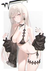 Rule 34 | 1girl, bare shoulders, bikini, black bikini, black halo, black jacket, black nails, breasts, butt crack, cleavage, closed mouth, cowboy shot, cross, cross necklace, dark halo, hair behind ear, halo, highres, jacket, jewelry, koga taiga, large breasts, leaning forward, long hair, long sleeves, looking at viewer, melting halo, mole, mole on thigh, nail polish, navel, necklace, open clothes, open jacket, original, pink eyes, puffy long sleeves, puffy sleeves, side-tie bikini bottom, simple background, slit pupils, solo, standing, stomach, string bikini, swimsuit, thigh strap, very long hair