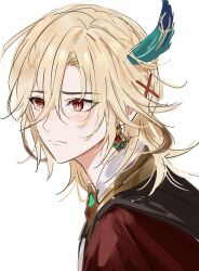Rule 34 | 1boy, blonde hair, blush, brown hair, cape, closed mouth, feather hair ornament, feathers, fractalmagnolia, genshin impact, hair ornament, hairpin, kaveh (genshin impact), looking to the side, male focus, multicolored hair, red cape, red eyes, shirt, sketch, solo, white shirt