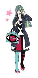 Rule 34 | 1girl, armlet, asymmetrical clothes, bag, black coat, black eyes, black jacket, blue eyeshadow, blue lips, closed mouth, coat, dress, earrings, eyelashes, eyeshadow, green hair, hand up, handbag, heart, heart necklace, highres, itami shino, jacket, jewelry, lace skirt, light smile, long hair, long jacket, long sleeves, makeup, multicolored hair, necklace, nihonbashi yowoko, official art, pantyhose, print bag, print footwear, print pantyhose, shiny clothes, shoujo fight, simple background, skirt, solo, standing, star (symbol), torn clothes, torn pantyhose, two-tone hair, two-tone pantyhose, walking