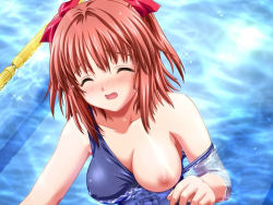 Rule 34 | 1girl, blush, breast slip, breasts, closed eyes, female focus, game cg, makino konoha, nekonyan, nipples, non-web source, one-piece swimsuit, one breast out, open mouth, pool, raspberry (game), red hair, school swimsuit, solo, strap slip, swimsuit, tears, wardrobe malfunction, water, wet