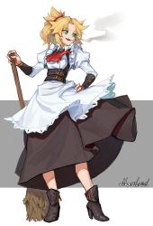 Rule 34 | 1girl, absurdres, alternate costume, apron, ascot, belt, black skirt, blonde hair, boots, braid, breasts, brooch, broom, character name, cigarette, collared dress, commentary request, dress, english text, enmaided, f.k (hs225kr), fate/apocrypha, fate (series), french braid, frills, full body, green eyes, hair ornament, hair scrunchie, hand on own hip, highres, holding, holding broom, jewelry, juliet sleeves, long hair, long sleeves, looking to the side, maid, medium hair, mordred (fate), mordred (fate/apocrypha), open mouth, ponytail, puffy sleeves, red scrunchie, scrunchie, skirt, small breasts, smile, smoke, smoking, solo, standing, white background