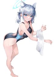 Rule 34 | 1girl, absurdres, animal ear fluff, animal ears, bare arms, bare legs, barefoot, black one-piece swimsuit, blue archive, blue eyes, blush, breasts, cleavage, competition swimsuit, cross hair ornament, extra ears, from above, full body, grey hair, hair ornament, halo, hane yuki, highleg, highleg swimsuit, highres, leaning forward, looking at viewer, looking up, medium breasts, medium hair, mismatched pupils, multicolored clothes, multicolored swimsuit, official alternate costume, one-piece swimsuit, parted lips, ponytail, shiroko (blue archive), shiroko (swimsuit) (blue archive), sidelocks, simple background, solo, standing, swimsuit, towel, two-tone swimsuit, white background, white towel