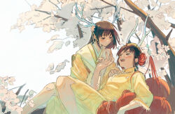 Rule 34 | 2girls, antlers, axis powers hetalia, blush, brown eyes, brown hair, china (hetalia), china dress, chinese clothes, day, double bun, dragon girl, dress, eye contact, feet out of frame, flats, flower, fringe trim, genderswap, genderswap (mtf), hair bun, hair flower, hair ornament, hairband, hand up, highres, horn ornament, horn ribbon, horns, jade (gemstone), japan (hetalia), japanese clothes, jewelry, kimono, lantern, leaning back, long sleeves, looking at another, looking away, multiple girls, nature, outdoors, paper lantern, petals, reclining, red flower, ribbon, shawl, short hair, sitting, smile, tassel, tea (candyfoxx), toggles, tree, under tree, updo, wind, yellow dress, yellow kimono