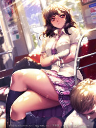 Rule 34 | 1boy, 1girl, breasts, brown hair, crossed arms, crossed legs, curvy, dated, furyou michi ~gang road~, highres, large breasts, lips, lipstick, long hair, makeup, original, plaid, plaid skirt, red eyes, sitting, skirt, sunlight, thick thighs, thighs, train, wide hips, xaxak