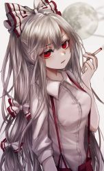 Rule 34 | 1girl, absurdres, bow, breasts, cigarette, commentary, fujiwara no mokou, full moon, grey background, hair between eyes, hair bow, hand up, highres, holding, holding cigarette, long hair, long sleeves, looking at viewer, maho moco, medium breasts, moon, parted lips, red eyes, shirt, silver hair, solo, suspenders, symbol-only commentary, touhou, upper body, very long hair, white bow, white shirt