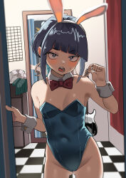 Rule 34 | 1girl, absurdres, animal ears, audio jack, black eyes, blue leotard, blunt bangs, blush, boku no hero academia, bow, bowtie, breasts, bright pupils, covered navel, detached collar, fake animal ears, gluteal fold, guitar, highleg, highleg leotard, highres, indoors, instrument, jirou kyouka, leotard, long earlobes, looking at viewer, playboy bunny, rabbit ears, red bow, red bowtie, short hair, small breasts, solo, strapless, strapless leotard, sweat, traditional bowtie, white pupils, wrist cuffs, zd (pixiv6210083)
