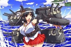 Rule 34 | &gt;:o, 10s, 1girl, :o, armpits, black hair, breasts, detached sleeves, female focus, headband, kantai collection, kuon (nokokopopo), large breasts, long hair, machinery, nontraditional miko, ocean, open mouth, pleated skirt, red eyes, seaplane, skirt, solo, turret, v-shaped eyebrows, yamashiro (kancolle)