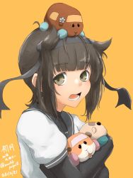 Rule 34 | 1girl, animal, animal on head, black bodysuit, black gloves, black sailor collar, bodysuit, brown hair, character name, choco (pui pui molcar), crossover, gloves, guinea pig, hair flaps, hatsuzuki (kancolle), highres, kantai collection, looking at viewer, molcar, neckerchief, on head, potato (pui pui molcar), pui pui molcar, sailor collar, school uniform, serafuku, shiromo (pui pui molcar), short hair, umibudou, upper body, yellow background, yellow eyes
