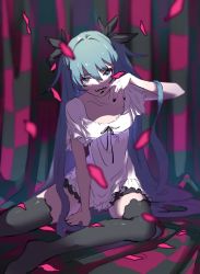 Rule 34 | 1girl, between legs, black bow, black nails, black ribbon, black thighhighs, blue eyes, blue hair, bow, breasts, collarbone, dress, fingirl0, hair between eyes, hair bow, hand between legs, hatsune miku, highres, long hair, looking at viewer, nail polish, open mouth, ribbon, short dress, short sleeves, sitting, sketch, small breasts, solo, thighhighs, twintails, very long hair, vocaloid, white dress, world is mine (vocaloid)