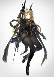 Rule 34 | 1girl, arm up, black footwear, black gloves, black pantyhose, blonde hair, breasts, character request, choker, full body, gloves, grey background, highres, holding, large breasts, long hair, pantyhose, pelvic curtain, pointy ears, purple eyes, renatus.z, short sleeves, simple background, solo, sword, thighband pantyhose, weapon